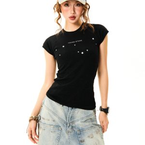 Women's Summer Black Slim Fit Short Sleeve T-Shirt with Flutter Sleeves - Versatile American Style Fashion Top