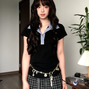 Women's Summer Blue Plaid Splicing Polo T-Shirt - Slim Fit Short Sleeve Two-Piece Outfit - American Style Hot Girl Top