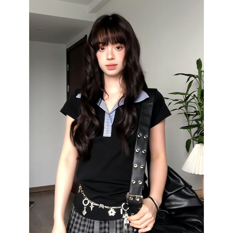 Women's Summer Blue Plaid Splicing Polo T-Shirt - Slim Fit Short Sleeve Two-Piece Outfit - American Style Hot Girl Top