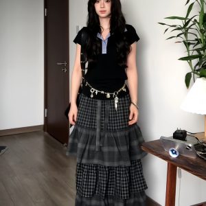 Women's Summer Blue Plaid Splicing Polo T-Shirt - Slim Fit Short Sleeve Two-Piece Outfit - American Style Hot Girl Top