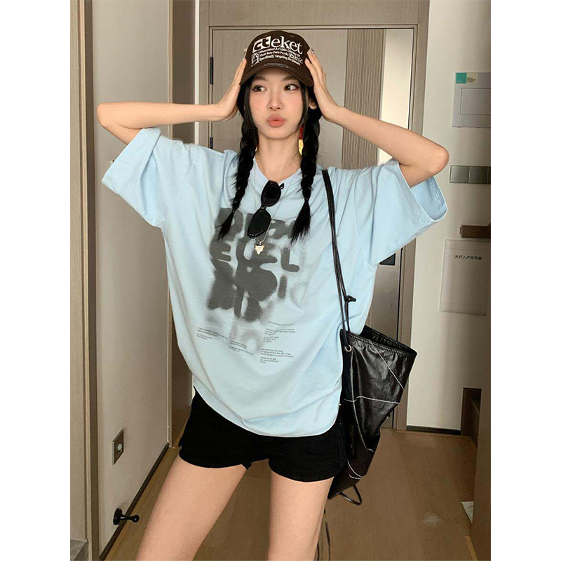 Women's Summer Color-Block Blue Letter Printed Round Neck T-Shirt - Retro College Style Loose Fit Pure Cotton Top