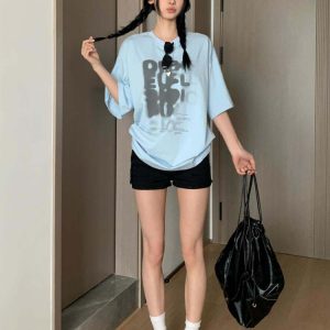 Women's Summer Color-Block Blue Letter Printed Round Neck T-Shirt - Retro College Style Loose Fit Pure Cotton Top