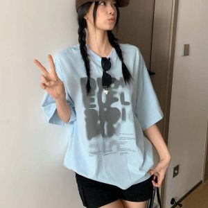 Women's Summer Color-Block Blue Letter Printed Round Neck T-Shirt - Retro College Style Loose Fit Pure Cotton Top