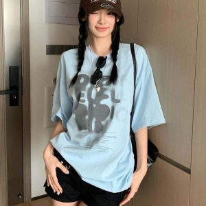 Women's Summer Color-Block Blue Letter Printed Round Neck T-Shirt - Retro College Style Loose Fit Pure Cotton Top