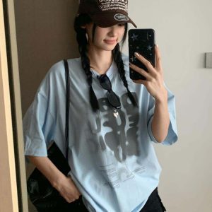 Women's Summer Color-Block Blue Letter Printed Round Neck T-Shirt - Retro College Style Loose Fit Pure Cotton Top