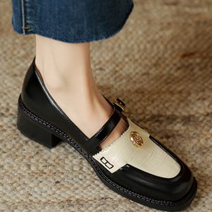 Women's Summer Color-Block Camellia Loafers - Soft Sheepskin Chunky Mid-Heel Shoes for 90s Inspired Style