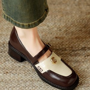 Women's Summer Color-Block Camellia Loafers - Soft Sheepskin Chunky Mid-Heel Shoes for 90s Inspired Style