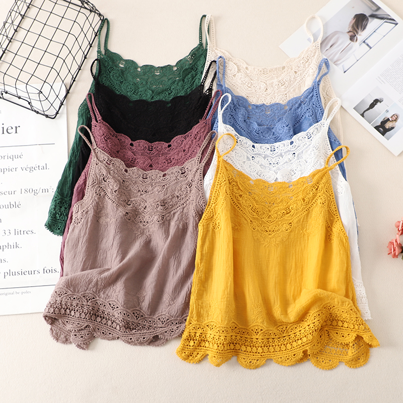Women's Summer Cotton Linen Vest, Retro Embroidered Lace Hollow Camisole, Literary Style Vacation Outerwear