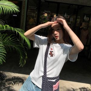 Women's Summer Dog Appliqué Short Sleeve T-shirt - Loose Slim Fit Pure Cotton Top, Casual Y2K Style