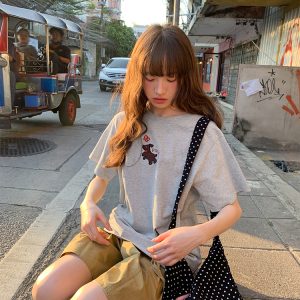 Women's Summer Dog Appliqué Short Sleeve T-shirt - Loose Slim Fit Pure Cotton Top, Casual Y2K Style