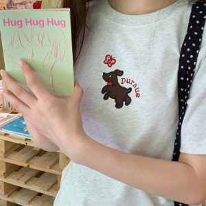 Women's Summer Dog Appliqué Short Sleeve T-shirt - Loose Slim Fit Pure Cotton Top, Casual Y2K Style