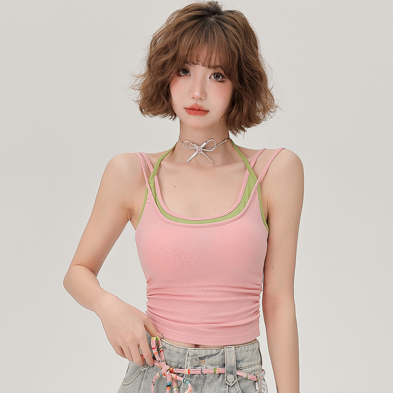 Women's Summer Fake Two-Piece Camisole with Chest Pads, Double Shoulder Straps, Sweet Spicy Inner Outer Wear Top