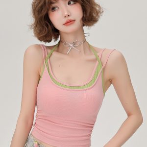 Women's Summer Fake Two-Piece Camisole with Chest Pads, Double Shoulder Straps, Sweet Spicy Inner Outer Wear Top
