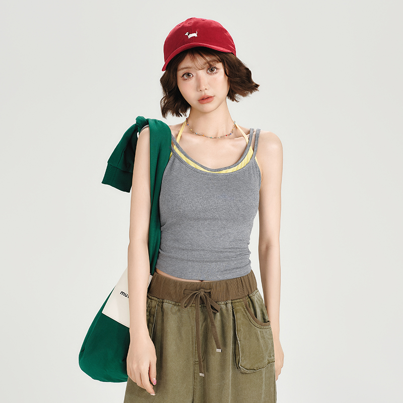 Women's Summer Fake Two-Piece Camisole with Chest Pads, Double Shoulder Straps, Sweet Spicy Inner Outer Wear Top Women's Summer Fake Two-Piece Camisole with Chest Pads, Double Shoulder Straps, Sweet Spicy Inner Outer Wear Top