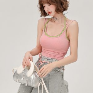 Women's Summer Fake Two-Piece Camisole with Chest Pads, Double Shoulder Straps, Sweet Spicy Inner Outer Wear Top