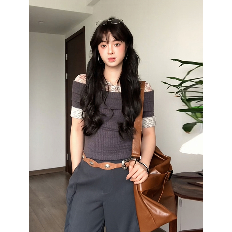 Women's Summer Fake Two-Piece Layered Short Sleeve Shirt, Spliced Knitted College Style, Slim Fit Flattering Top