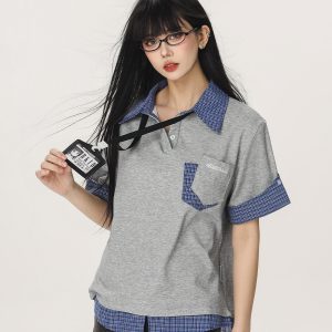 Women's Summer Fake Two-Piece Short Sleeve T-Shirt - American Style Beer Team Captain Polo Top in Niche Design