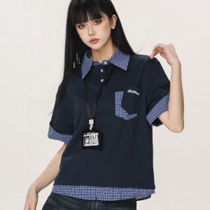 Women's Summer Fake Two-Piece Short Sleeve T-Shirt - American Style Beer Team Captain Polo Top in Niche Design