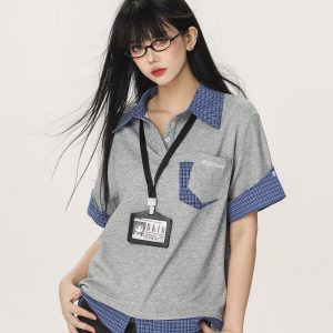 Women's Summer Fake Two-Piece Short Sleeve T-Shirt - American Style Beer Team Captain Polo Top in Niche Design