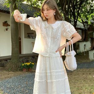 Women's Summer French Lace Flared Midi Skirt - Vintage Cloud Design, Lightweight Linen for Vacation Style