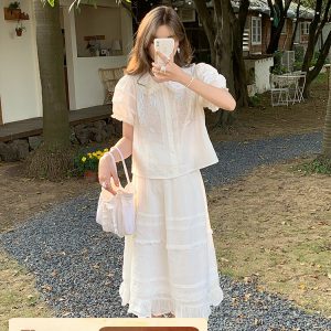 Women's Summer French Lace Flared Midi Skirt - Vintage Cloud Design, Lightweight Linen for Vacation Style