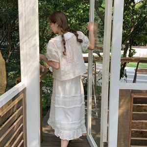 Women's Summer French Lace Flared Midi Skirt - Vintage Cloud Design, Lightweight Linen for Vacation Style