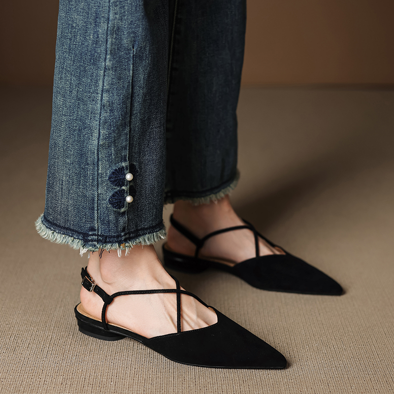 Women's Summer Genuine Leather Pointed Toe Cross Strap Sandals - Versatile Low Chunky Heel Closed Toe Footwear