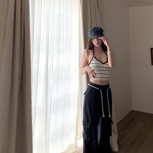 Women's Summer Knitted Striped V-Neck Halter Crop Top - Sweet Berry Signal Design, Trendy and Stylish for Y2K and Korean Style Looks