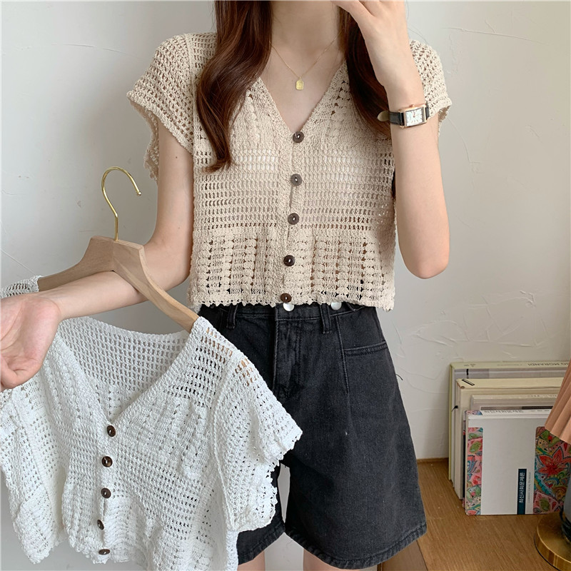 Women's Summer Lace Cardigan with Camisole Dress & Hollowed-Out Short Sleeve Top - Lightweight Vest Jacket for Stylish Layering
