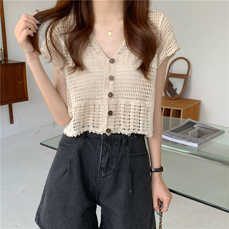 Women's Summer Lace Cardigan with Camisole Dress & Hollowed-Out Short Sleeve Top - Lightweight Vest Jacket for Stylish Layering