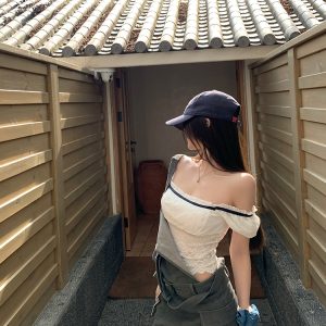 Women’s Summer Lace Splicing One-Shoulder Slim Top - Short Sleeve T-Shirt in White Tea, Sweet Desire Style