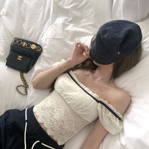 Women’s Summer Lace Splicing One-Shoulder Slim Top - Short Sleeve T-Shirt in White Tea, Sweet Desire Style