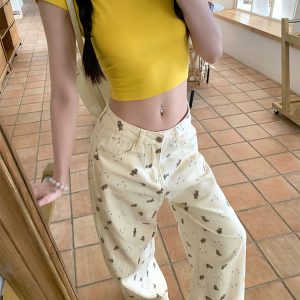 Women's Summer Lazy Bear Print Wide-Leg Jeans - Thin Version, Straight Cut, Y2K Style, Minibear Design