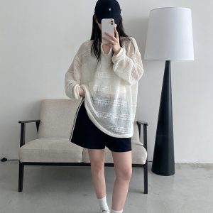 Women's Summer Loose Long-Sleeve Hollowed-Out Cover-Up T-Shirt - Sun Grapefruit American Style Casual Top