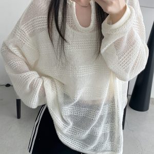 Women's Summer Loose Long-Sleeve Hollowed-Out Cover-Up T-Shirt - Sun Grapefruit American Style Casual Top