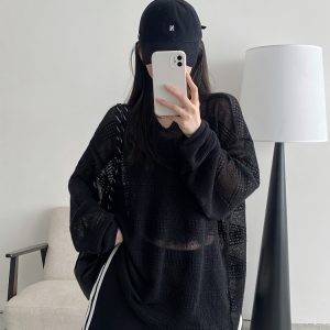 Women's Summer Loose Long-Sleeve Hollowed-Out Cover-Up T-Shirt - Sun Grapefruit American Style Casual Top