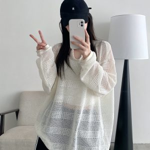 Women's Summer Loose Long-Sleeve Hollowed-Out Cover-Up T-Shirt - Sun Grapefruit American Style Casual Top