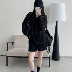 Women's Summer Loose Long-Sleeve Hollowed-Out Cover-Up T-Shirt - Sun Grapefruit American Style Casual Top