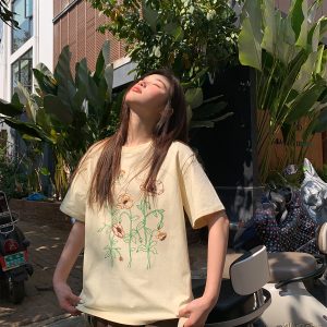 Women's Summer Loose Round Neck T-Shirt with Simple Embroidery Print - Trendy Short Sleeve Casual Top