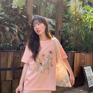 Women's Summer Loose Round Neck T-Shirt with Simple Embroidery Print - Trendy Short Sleeve Casual Top