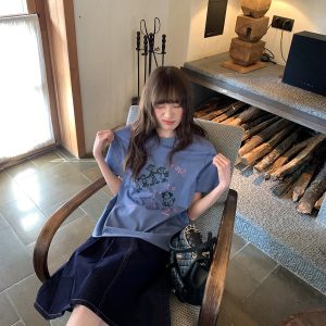 Women's Summer Loose Slim Fit Short Sleeve T-shirt with Original Letter Print and Chain Embroidery - Pure Cotton Casual Top