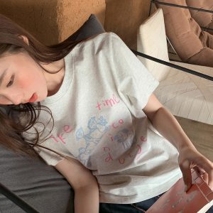 Women's Summer Loose Slim Fit Short Sleeve T-shirt with Original Letter Print and Chain Embroidery - Pure Cotton Casual Top