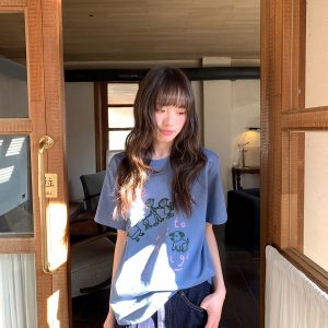 Women's Summer Loose Slim Fit Short Sleeve T-shirt with Original Letter Print and Chain Embroidery - Pure Cotton Casual Top