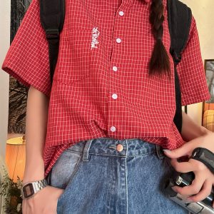 Women's Summer Plaid Short Sleeve Shirt - Loose Versatile Top Jacket, Vintage Style, Trendy Casual Wear