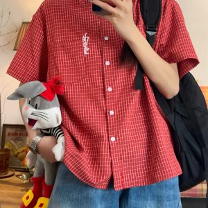 Women's Summer Plaid Short Sleeve Shirt - Loose Versatile Top Jacket, Vintage Style, Trendy Casual Wear