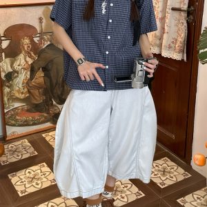 Women's Summer Plaid Short Sleeve Shirt - Loose Versatile Top Jacket, Vintage Style, Trendy Casual Wear