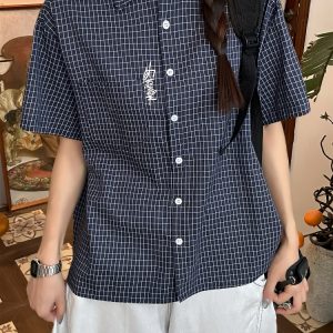Women's Summer Plaid Short Sleeve Shirt - Loose Versatile Top Jacket, Vintage Style, Trendy Casual Wear