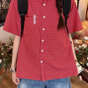Women's Summer Plaid Short Sleeve Shirt - Loose Versatile Top Jacket, Vintage Style, Trendy Casual Wear