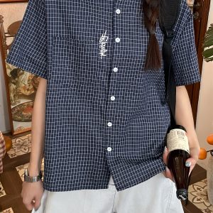 Women's Summer Plaid Short Sleeve Shirt - Loose Versatile Top Jacket, Vintage Style, Trendy Casual Wear