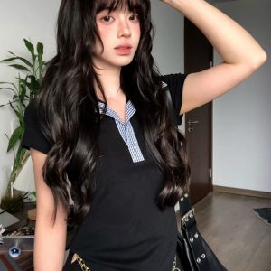 Women's Summer Plaid Splicing Polo Collar Short Sleeve T-Shirt - American Style Slim Fit College Trendy Top